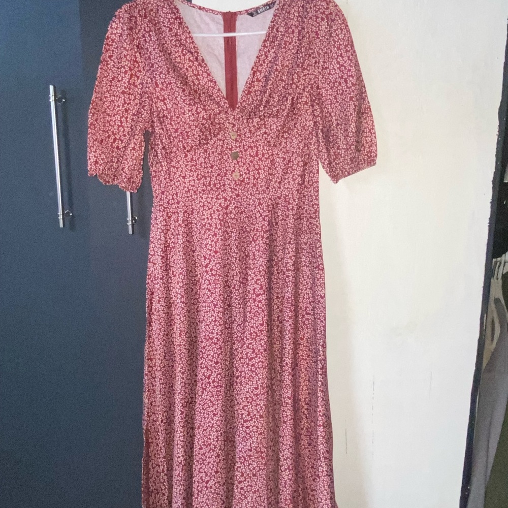 Amazon Pink Floral V-Neck Midi Dress